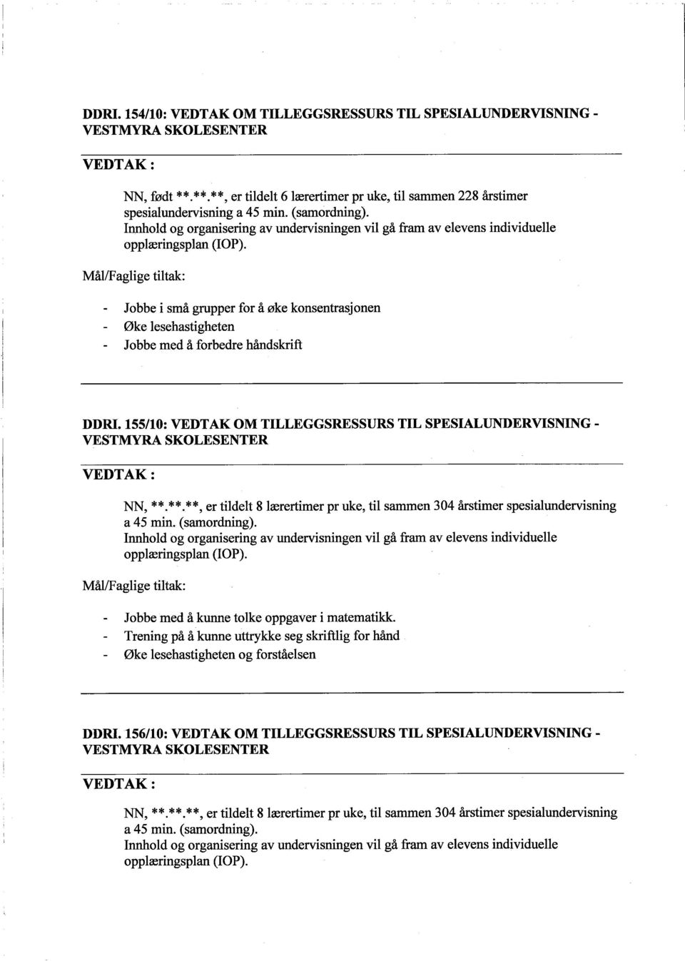 155/10: VEDTAK OM TILLEGGSRESSURS TIL SPESIALUNDERVISNING - NN, * *. * *. * *, er tildelt 8 lærertimer pr uke, til samen 304 årstimer spesialundervisning a 45 min. (samordning).