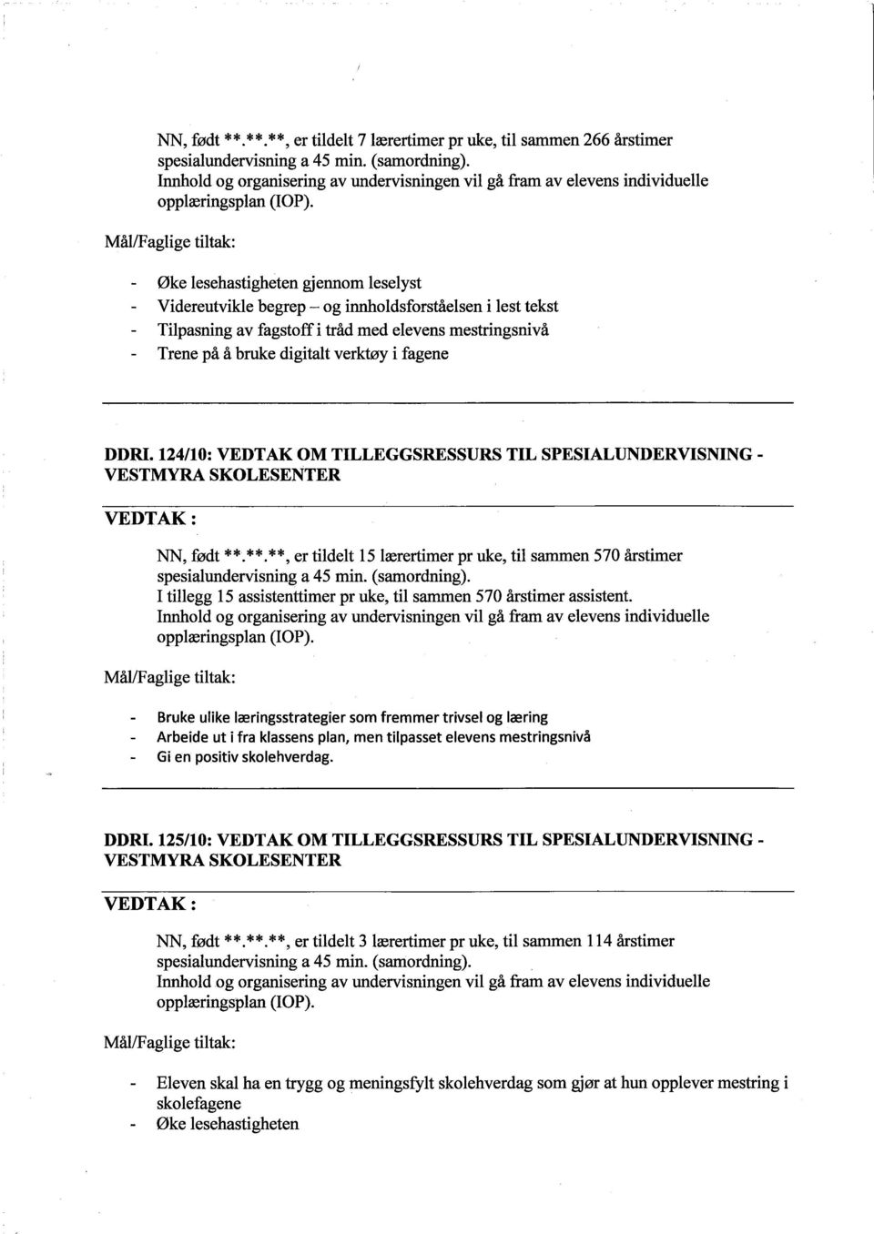 verktøy ì fagene DDRI. 124/10: VEDTAK OM TILLEGGSRESSURS TIL SPESIALUNDERVISNING - NN, født **.**.**, er tildelt 15lærertìmer pr uke, tì samen 570 årstimer spesìalundervisning a 45 min. (samordnìng).