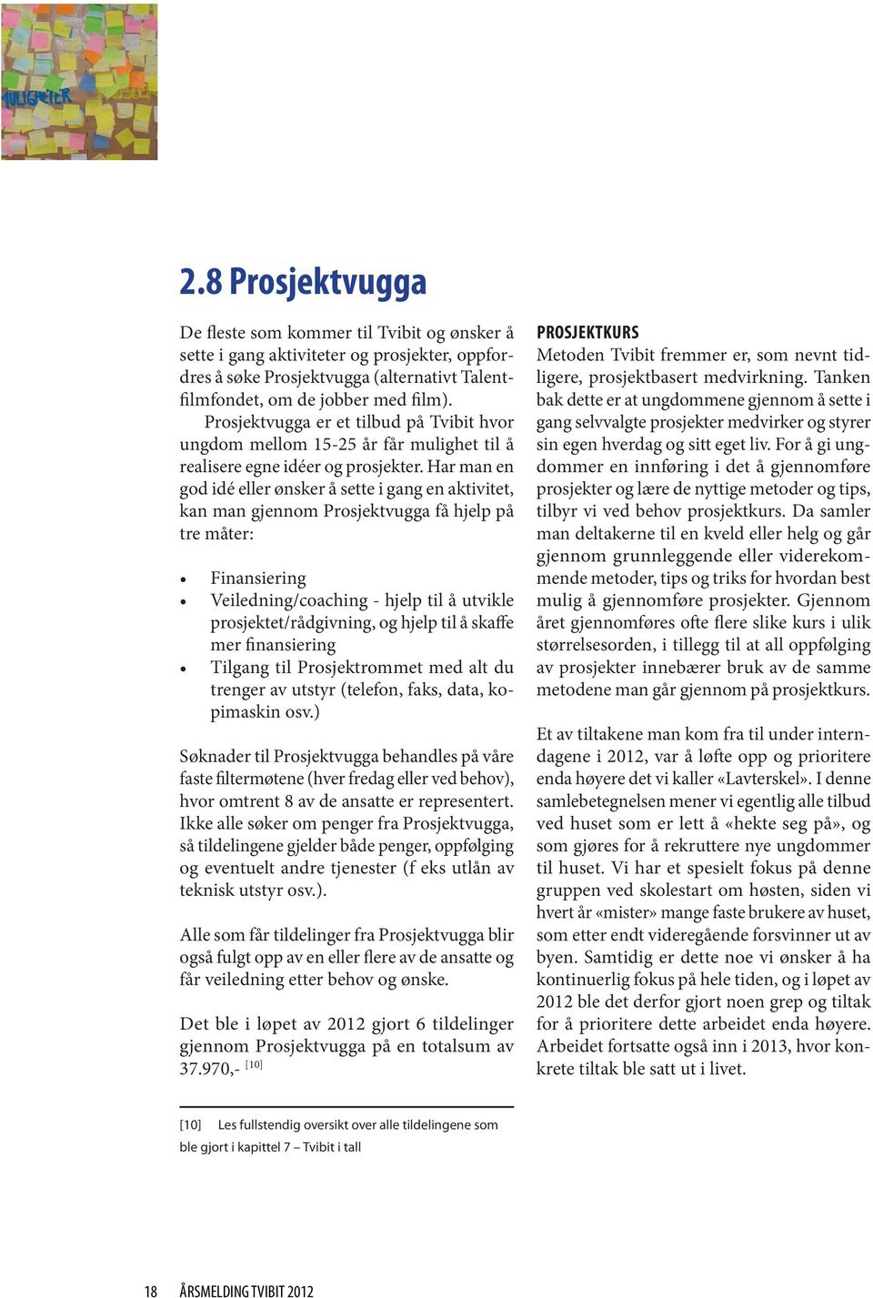 Har man en god idé eller ønsker å sette i gang en aktivitet, kan man gjennom Prosjektvugga få hjelp på tre måter: Finansiering Veiledning/coaching - hjelp til å utvikle prosjektet/rådgivning, og