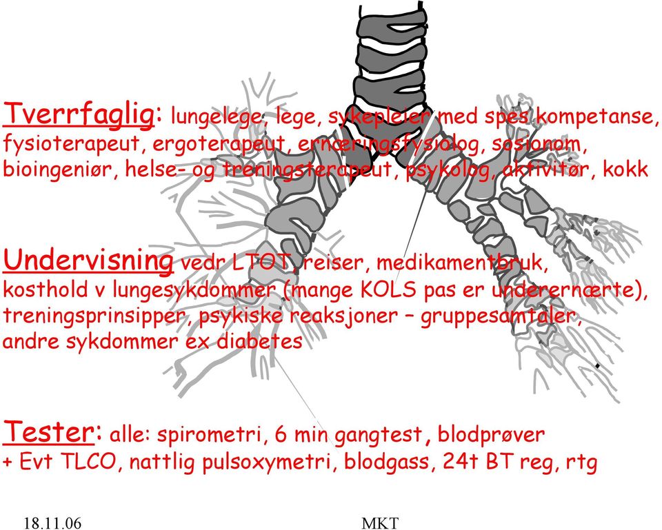 kosthold v lungesykdommer (mange KOLS pas er underernærte), treningsprinsipper, psykiske reaksjoner gruppesamtaler, andre