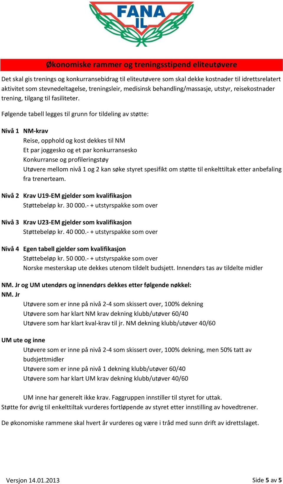 Følgende tabell legges til grunn for tildeling av støtte: Nivå 1 NM-krav Reise, opphold og kost dekkes til NM Et par joggesko og et par konkurransesko Konkurranse og profileringstøy Utøvere mellom