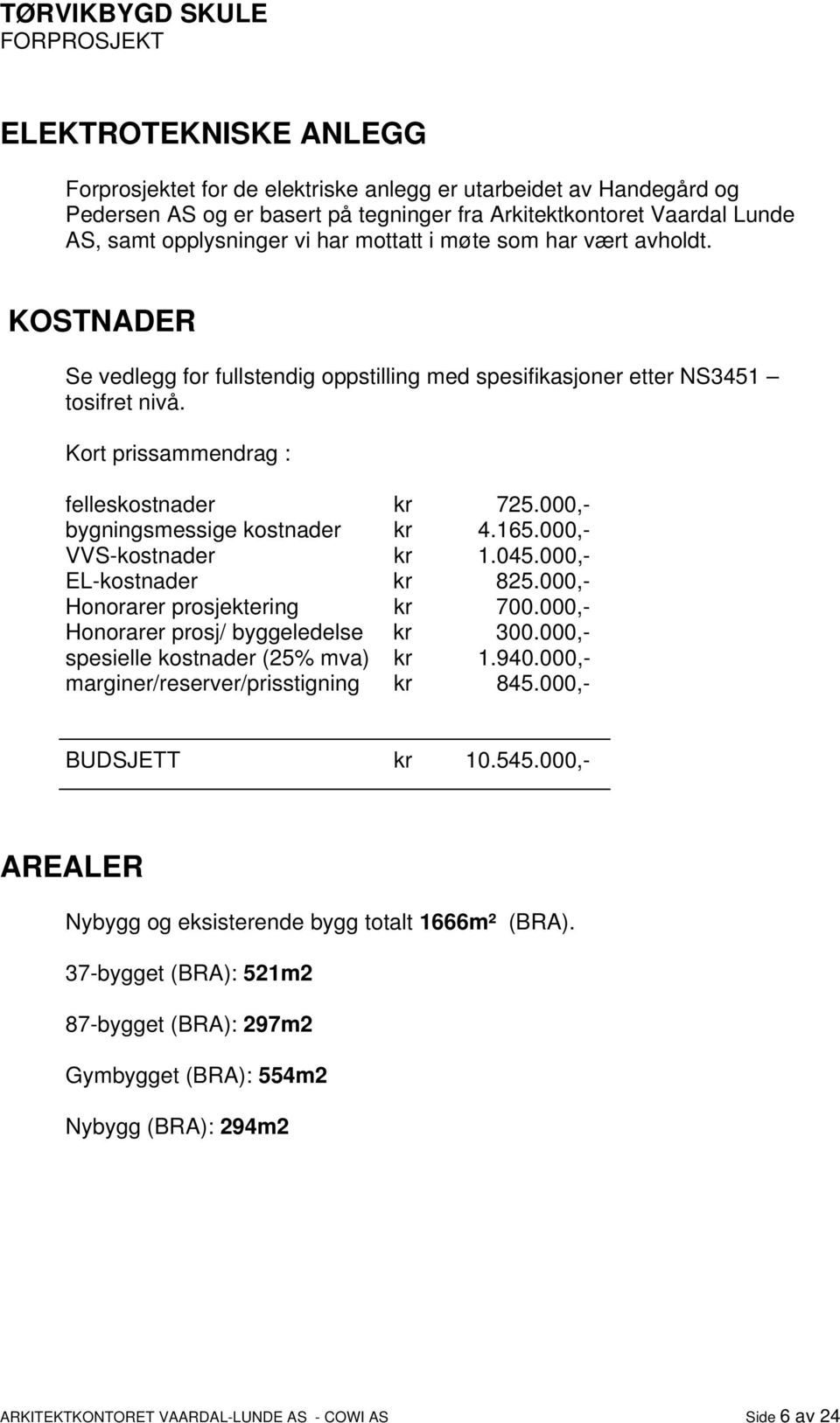 000,- bygningsmessige kostnader kr 4.165.000,- VVS-kostnader kr 1.045.000,- EL-kostnader kr 825.000,- Honorarer prosjektering kr 700.000,- Honorarer prosj/ byggeledelse kr 300.