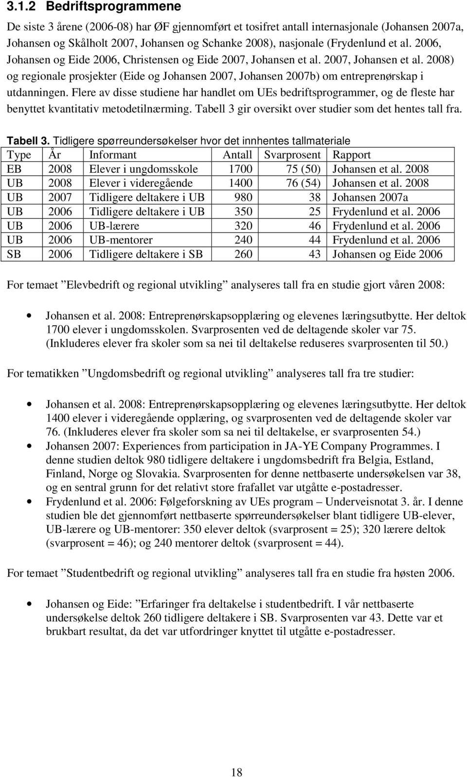 Flere av disse studiene har handlet om UEs bedriftsprogrammer, og de fleste har benyttet kvantitativ metodetilnærming. Tabell 3 