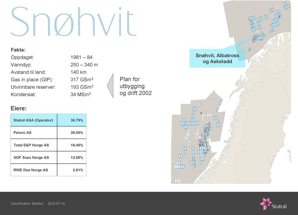 reserver: 193 GSm 3 Kondensat: 34 MSm 3 Plan for utbygging og drift 2002 Snøhvit, Albatross og Askeladd Eiere: Statoil ASA