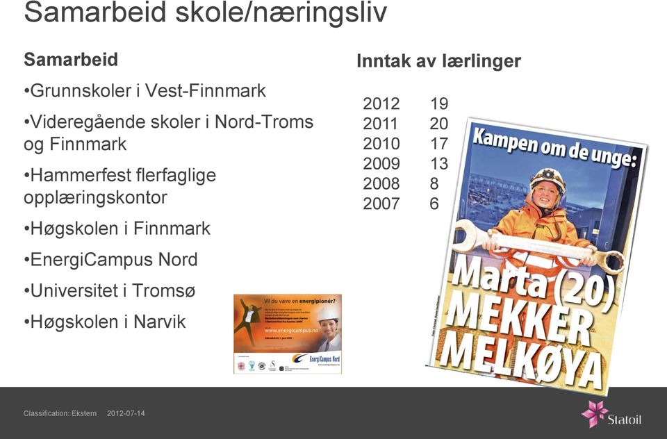 i Finnmark EnergiCampus Nord Universitet i Tromsø Høgskolen i Narvik Inntak av