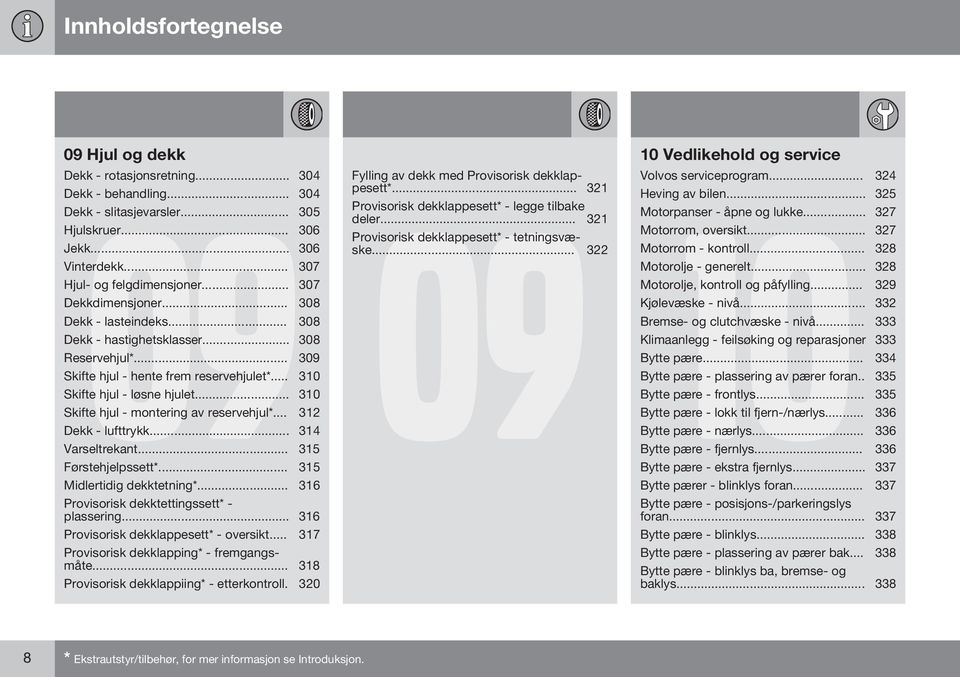 .. 310 Skifte hjul - montering av reservehjul*... 312 Dekk - lufttrykk... 314 Varseltrekant... 315 Førstehjelpssett*... 315 Midlertidig dekktetning*... 316 Provisorisk dekktettingssett* - plassering.