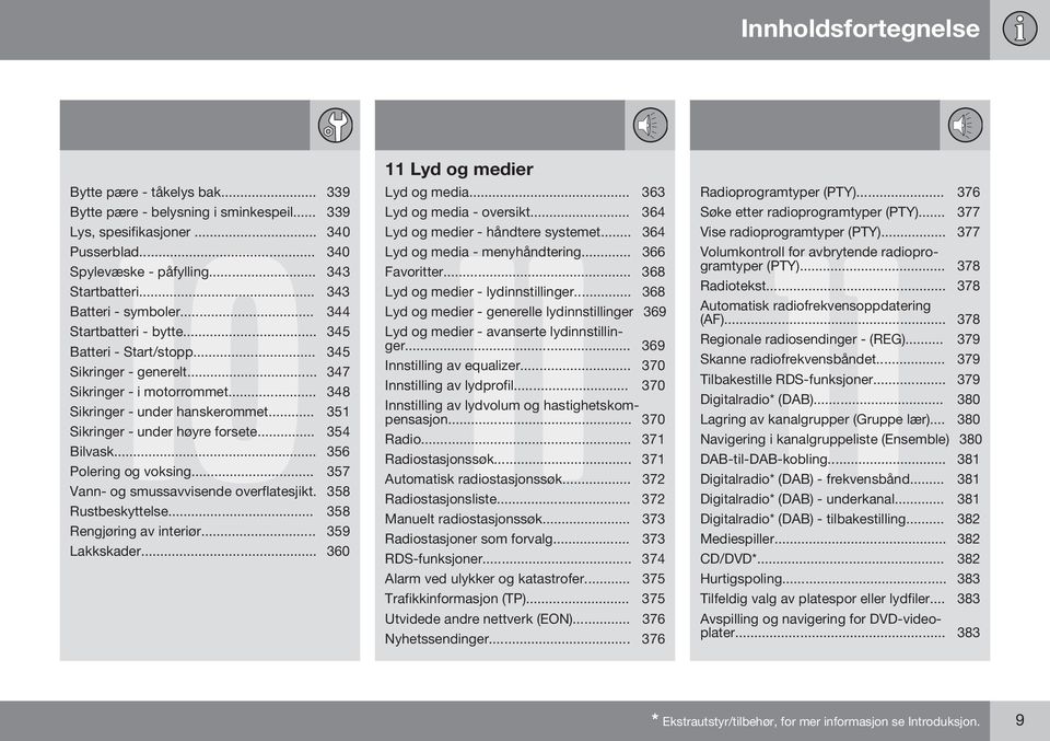 .. 351 Sikringer - under høyre forsete... 354 Bilvask... 356 Polering og voksing... 357 Vann- og smussavvisende overflatesjikt. 358 11 Lyd og medier Lyd og media... 363 Lyd og media - oversikt.