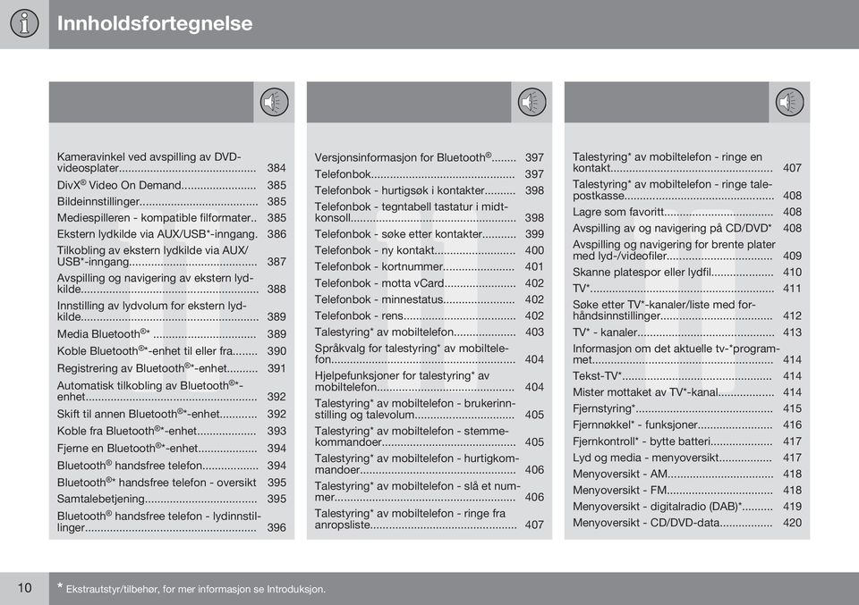 .. 388 Innstilling av lydvolum for ekstern lydkilde... 389 Koble Bluetooth *-enhet til eller fra... 390 Registrering av Bluetooth *-enhet... 391 Automatisk tilkobling av Bluetooth *- enhet.