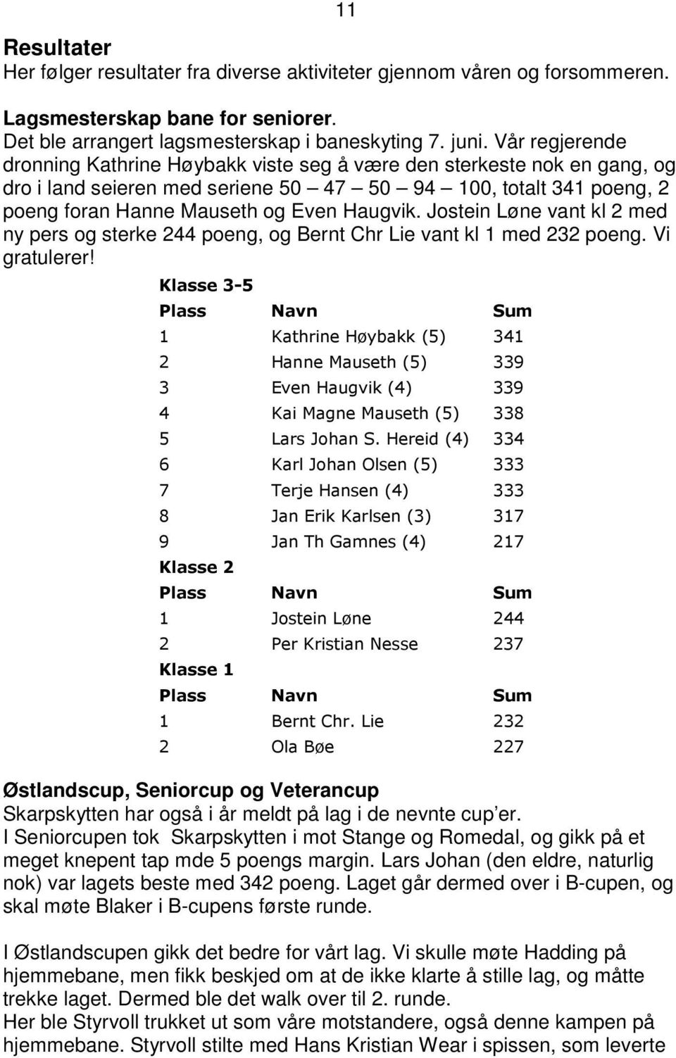 Jostein Løne vant kl 2 med ny pers og sterke 244 poeng, og Bernt Chr Lie vant kl 1 med 232 poeng. Vi gratulerer!