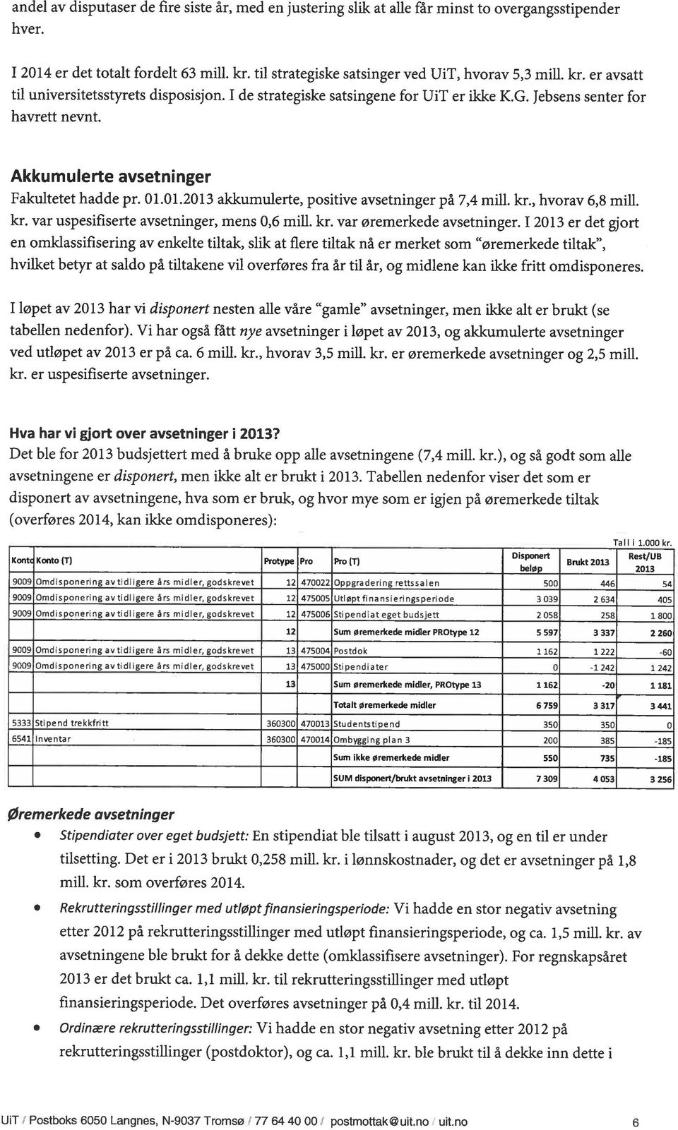 Akkumulerte avsetninger Fakultetet hadde pr. 01.01.2013 akkumulerte, positive avsetninger på 7,4 mill, kr., hvorav 6,8 mill. kr. var uspesifiserte avsetninger, mens 0,6 mill, kr.