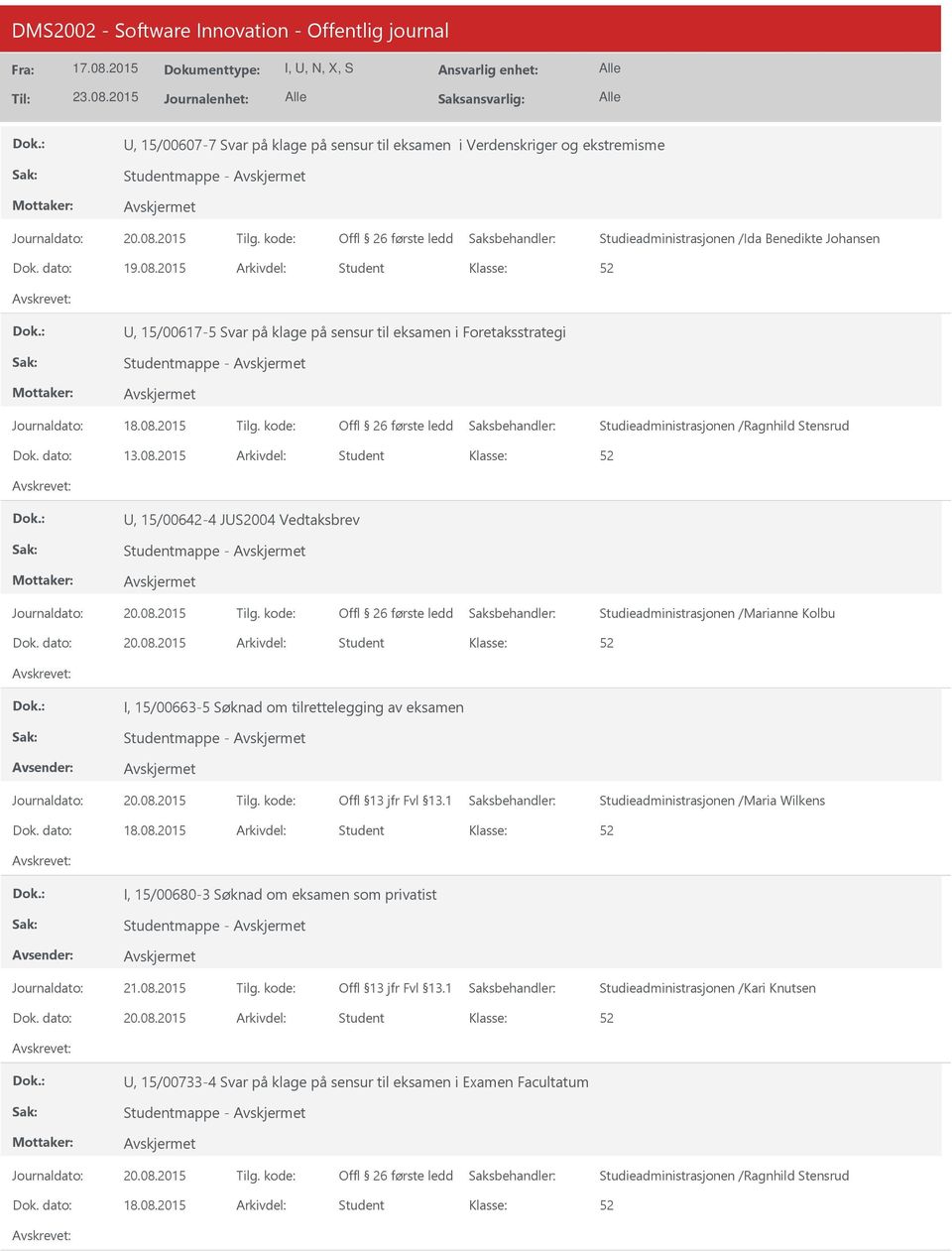 2015 Arkivdel: Student, 15/00642-4 JS2004 Vedtaksbrev I, 15/00663-5 Søknad om tilrettelegging av eksamen