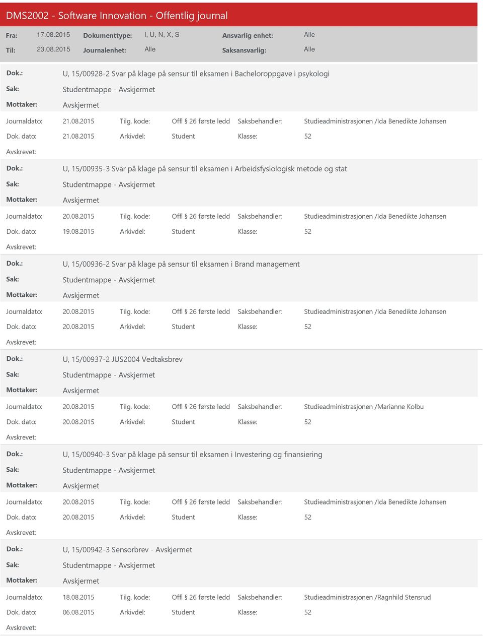 15/00936-2 Svar på klage på sensur til eksamen i Brand management, 15/00937-2 JS2004 Vedtaksbrev, 15/00940-3 Svar