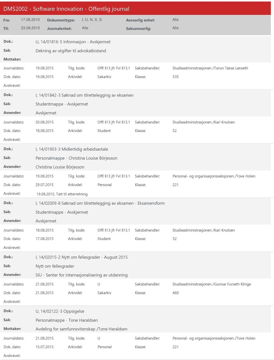 Christina Louise Börjesson Personal- og organisasjonsseksjonen /Tove Holen Dok. dato: 29.07.2015 Arkivdel: Personal 221 19.08.