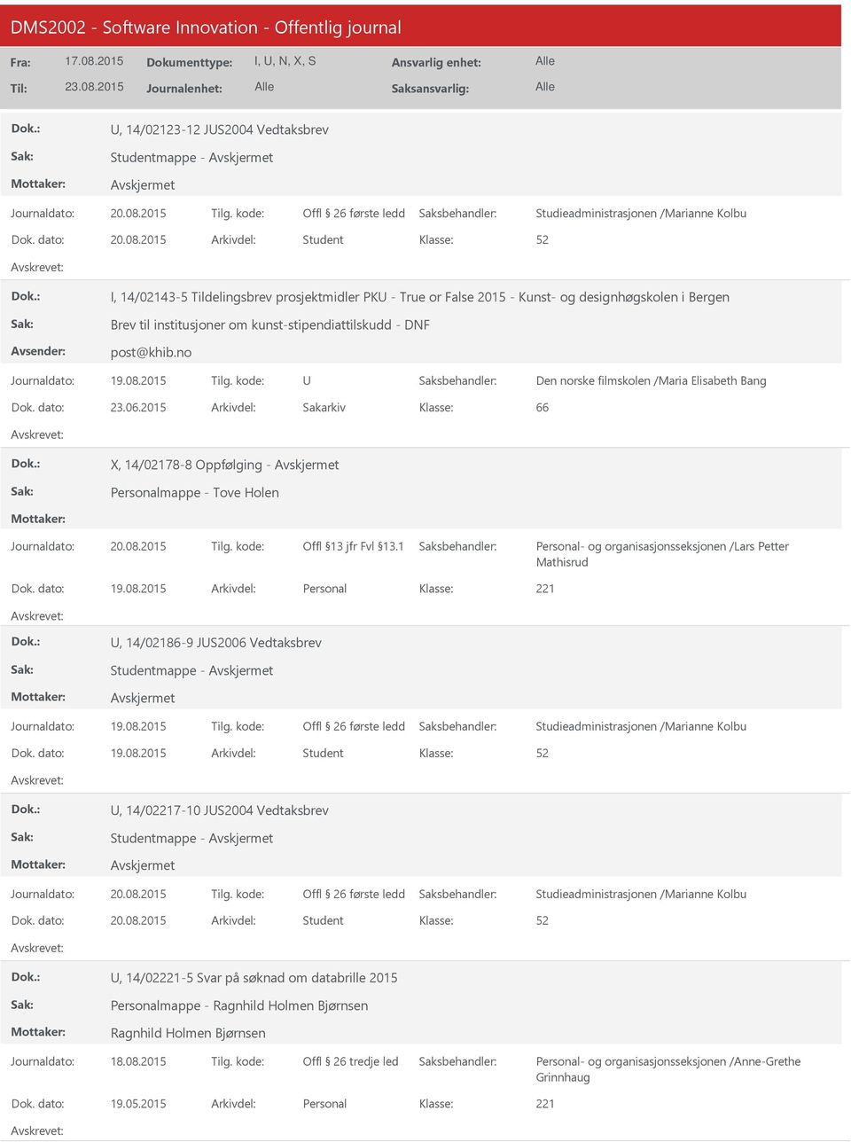 2015 Arkivdel: Sakarkiv 66 X, 14/02178-8 Oppfølging - Personalmappe - Tove Holen Personal- og organisasjonsseksjonen /Lars Petter Mathisrud Dok. dato: 19.08.