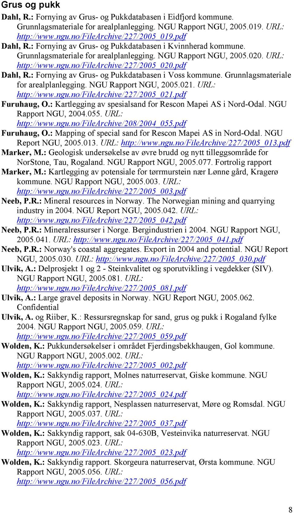 Grunnlagsmateriale for arealplanlegging. NGU Rapport NGU, 2005.021. URL: http://www.ngu.no/filearchive/227/2005_021.pdf Furuhaug, O.: Kartlegging av spesialsand for Rescon Mapei AS i Nord-Odal.