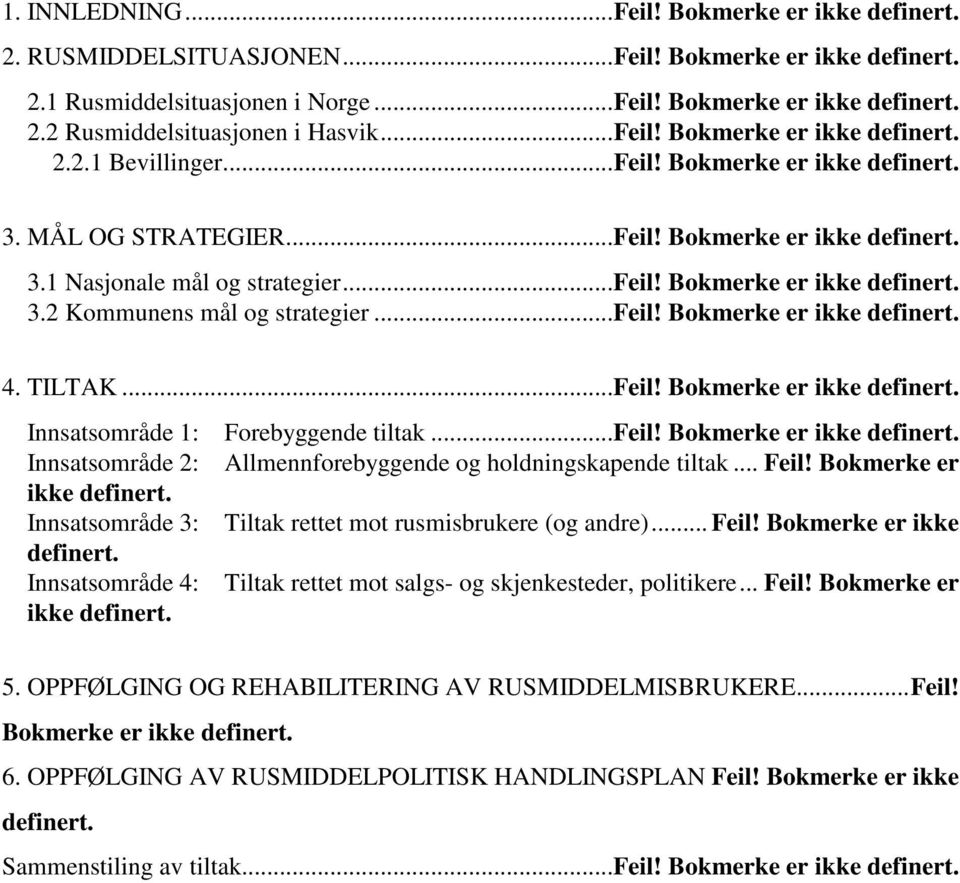 Bokmerke er ikke definert. 3.2 Kommunens mål og strategier...feil! Bokmerke er ikke definert. 4. TILTAK...Feil! Bokmerke er ikke definert. Innsatsområde 1: Forebyggende tiltak...feil! Bokmerke er ikke definert. Innsatsområde 2: Allmennforebyggende og holdningskapende tiltak.