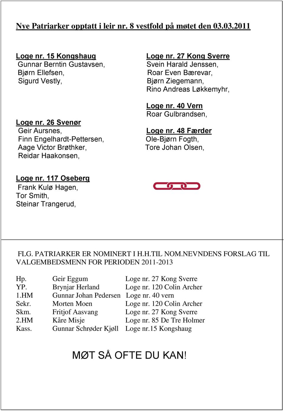 27 Kong Sverre Svein Harald Jenssen, Roar Even Bærevar, Bjørn Ziegemann, Rino Andreas Løkkemyhr, Loge nr. 40 Vern Roar Gulbrandsen, Loge nr. 48 Færder Ole-Bjørn Fogth, Tore Johan Olsen, Loge nr.