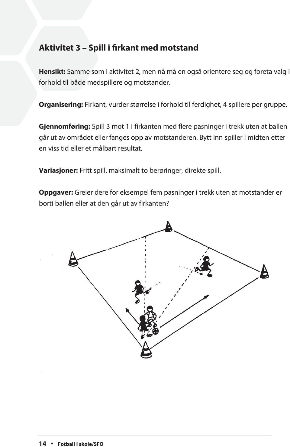 Gjennomføring: Spill 3 mot 1 i firkanten med flere pasninger i trekk uten at ballen går ut av området eller fanges opp av motstanderen.