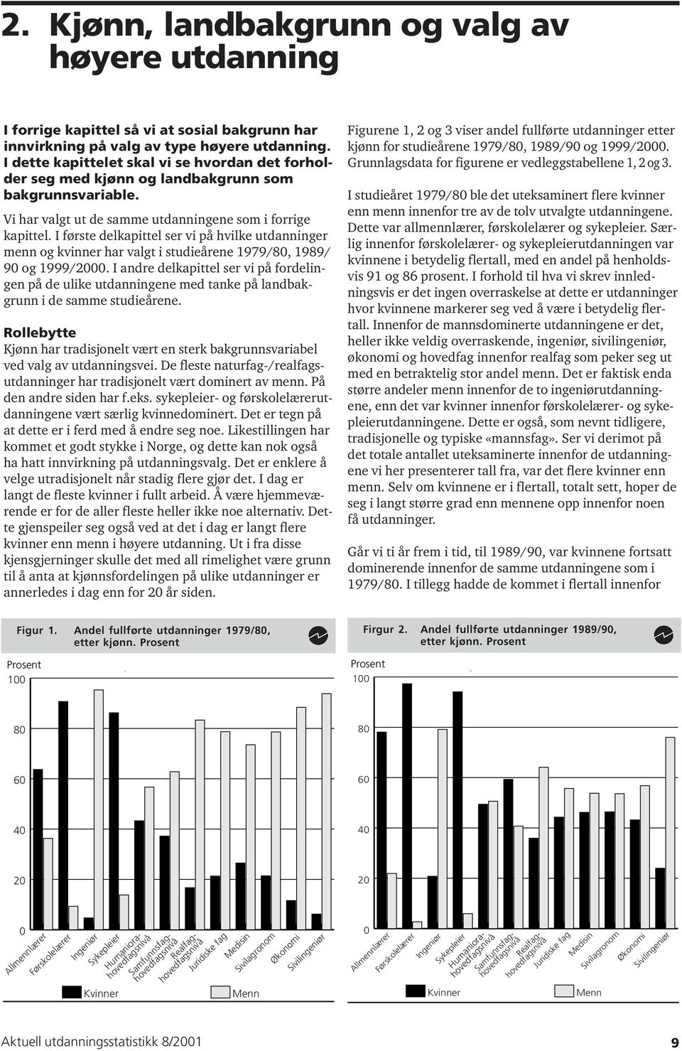 I første delkapittel ser vi på hvilke utdanninger menn og kvinner har valgt i studieårene 1979/80, 1989/ 90 og 1999/2000.