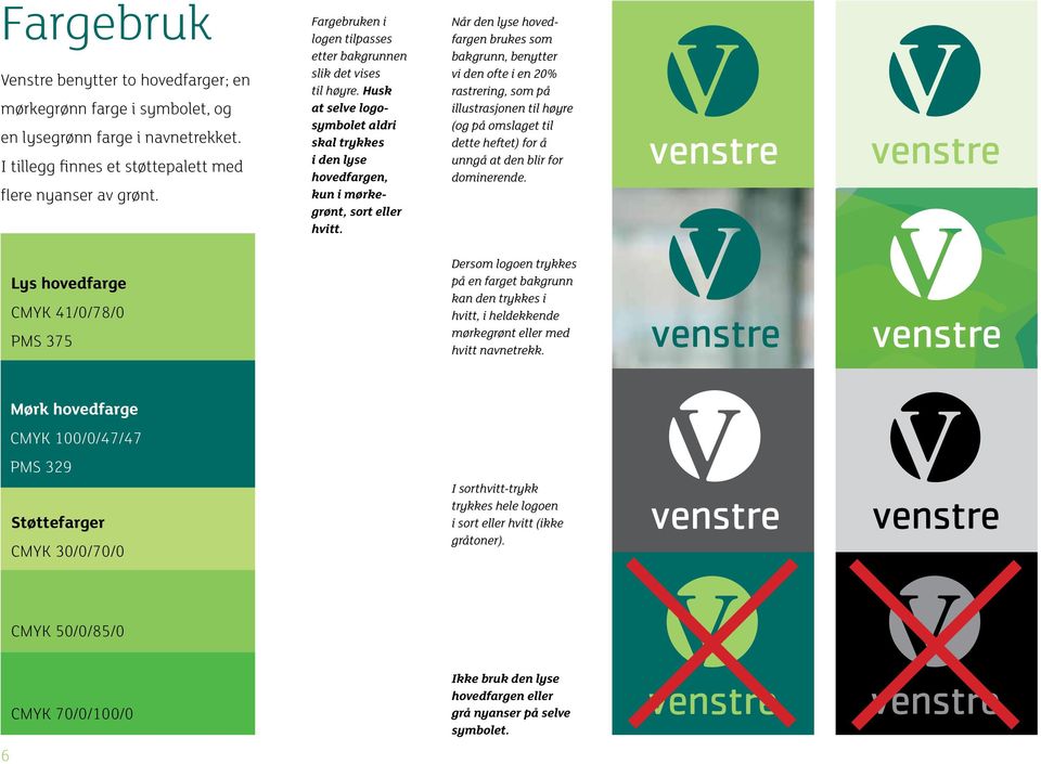 Husk at selve logosymbolet aldri skal trykkes i den lyse hovedfargen, kun i mørkegrønt, sort eller hvitt.