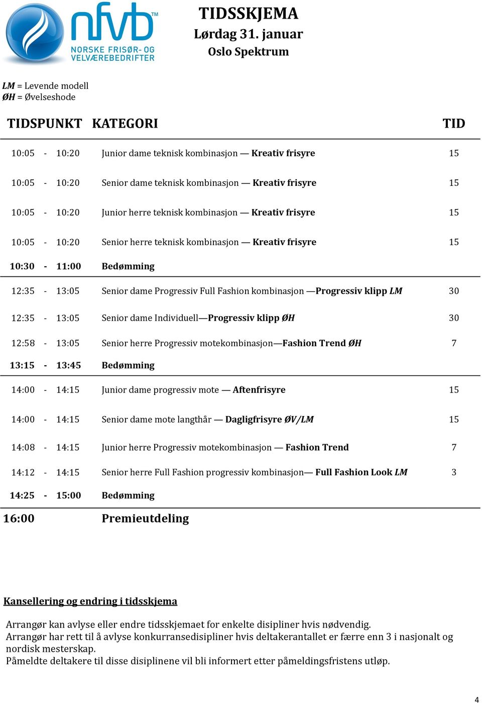 frisyre 15 10:05-10:20 Junior herre teknisk kombinasjon Kreativ frisyre 15 10:05-10:20 Senior herre teknisk kombinasjon Kreativ frisyre 15 10:30-11:00 Bedømming 12:35-13:05 Senior dame Progressiv