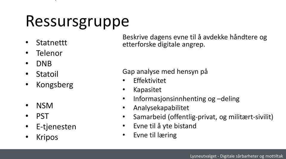 Gap analyse med hensyn på Effektivitet Kapasitet Informasjonsinnhenting og deling