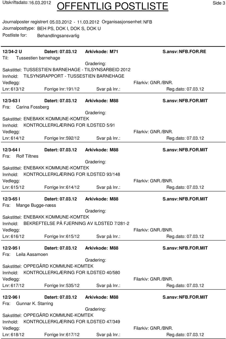 12 Arkivkode: M88 Fra: Carina Fossberg Sakstittel: ENEBAKK KOMMUNE-KOMTEK Innhold: KONTROLLERKLÆRING FOR ILDSTED 5/91 Lnr: 614/12 Forrige lnr:592/12 Svar på lnr.: 12/3-64 I Datert: 07.03.