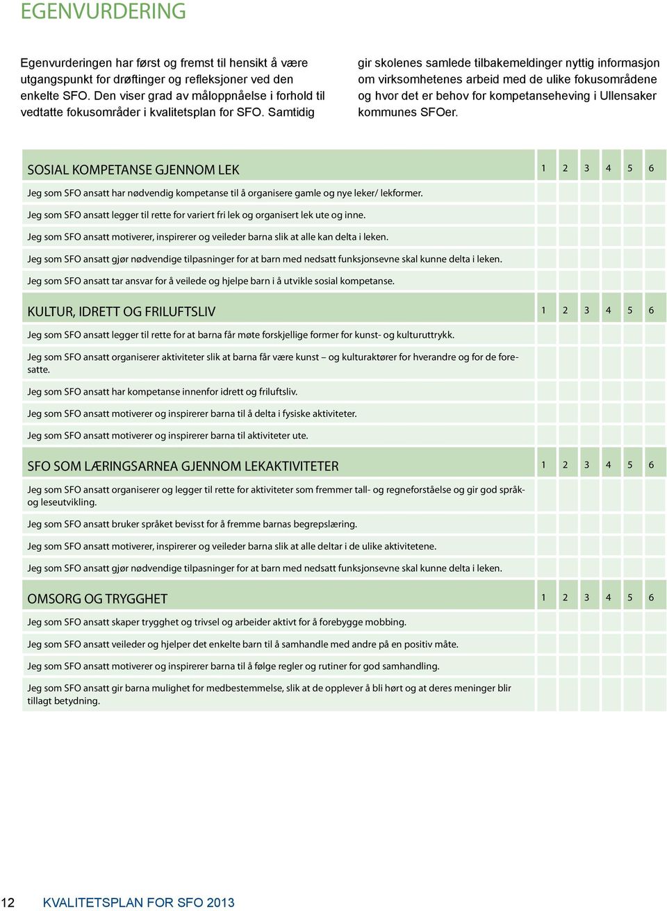 Samtidig gir skolenes samlede tilbakemeldinger nyttig informasjon om virksomhetenes arbeid med de ulike fokusområdene og hvor det er behov for kompetanseheving i Ullensaker kommunes SFOer.