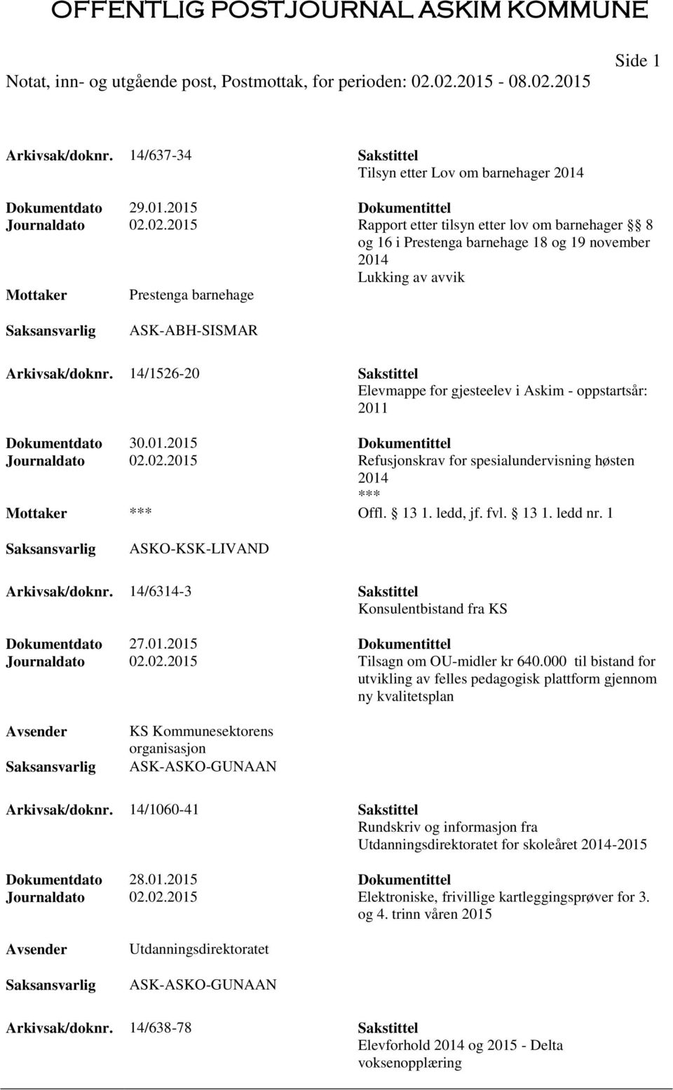 14/1526-20 Sakstittel Elevmappe for gjesteelev i Askim - oppstartsår: 2011 Journaldato 02.02.2015 Refusjonskrav for spesialundervisning høsten 2014 Offl. 13 1. ledd, jf. fvl. 13 1. ledd nr.