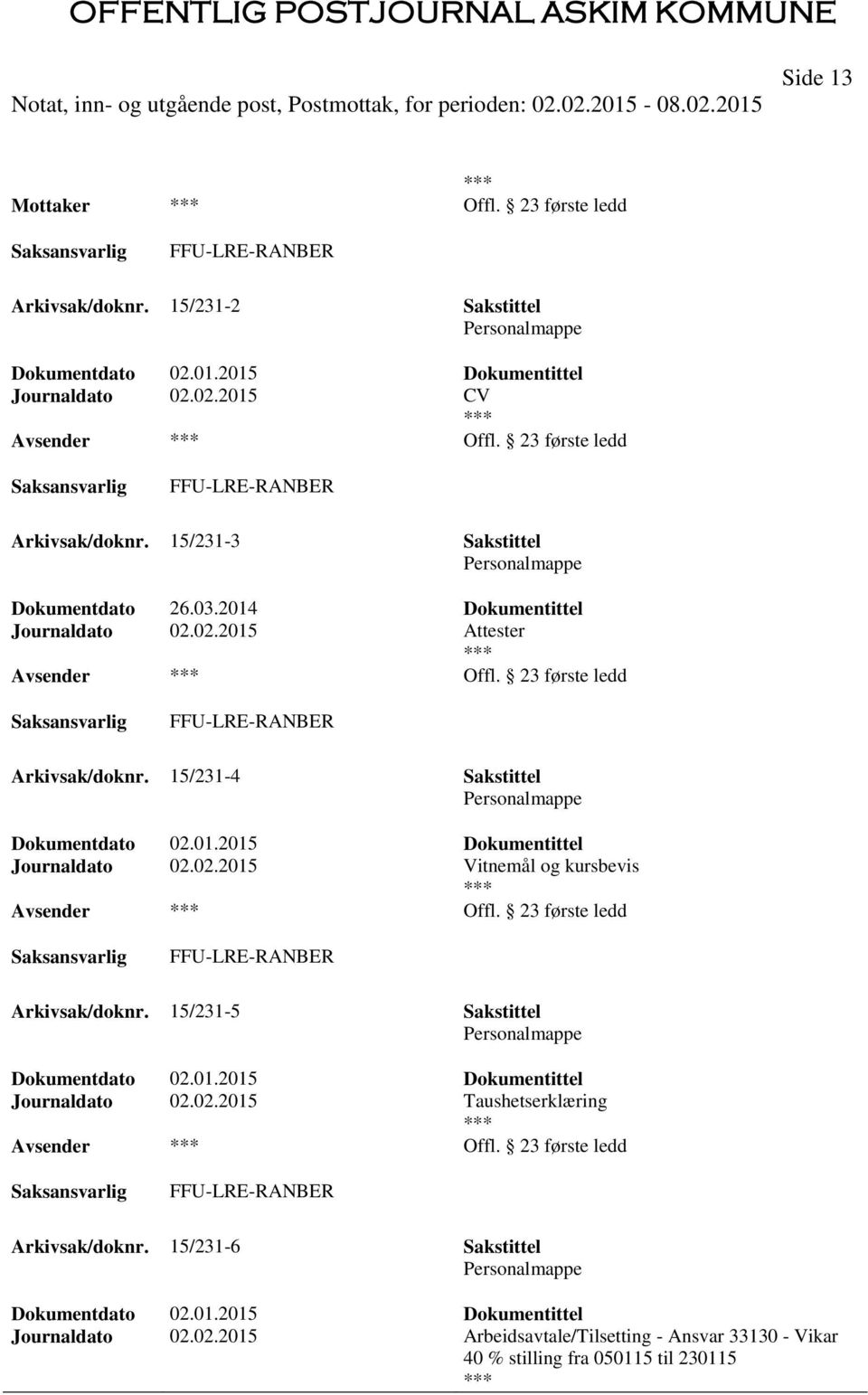 23 første ledd FFU-LRE-RANBER Arkivsak/doknr. 15/231-5 Sakstittel Dokumentdato 02.01.2015 Dokumentittel Journaldato 02.02.2015 Taushetserklæring Offl. 23 første ledd FFU-LRE-RANBER Arkivsak/doknr.