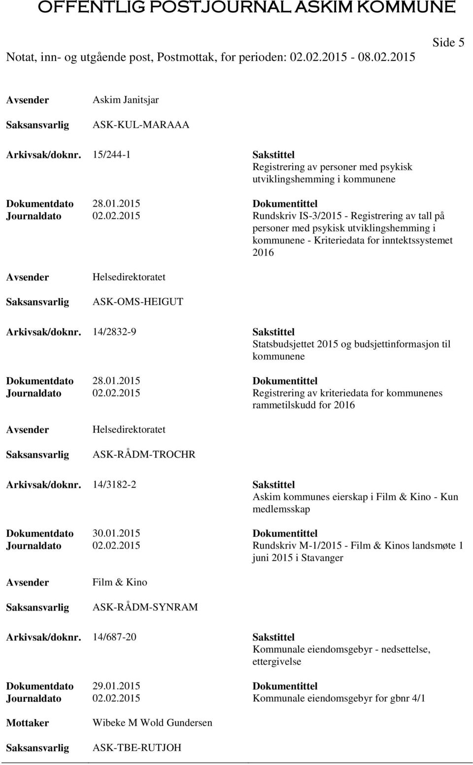 14/2832-9 Sakstittel Statsbudsjettet 2015 og budsjettinformasjon til kommunene Dokumentdato 28.01.2015 Dokumentittel Journaldato 02.