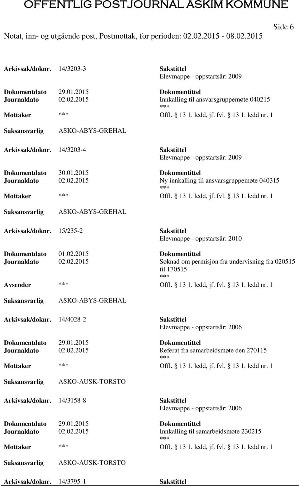 13 1. ledd nr. 1 ASKO-ABYS-GREHAL Arkivsak/doknr. 15/235-2 Sakstittel Elevmappe - oppstartsår: 2010 Dokumentdato 01.02.2015 Dokumentittel Journaldato 02.02.2015 Søknad om permisjon fra undervisning fra 020515 til 170515 Offl.