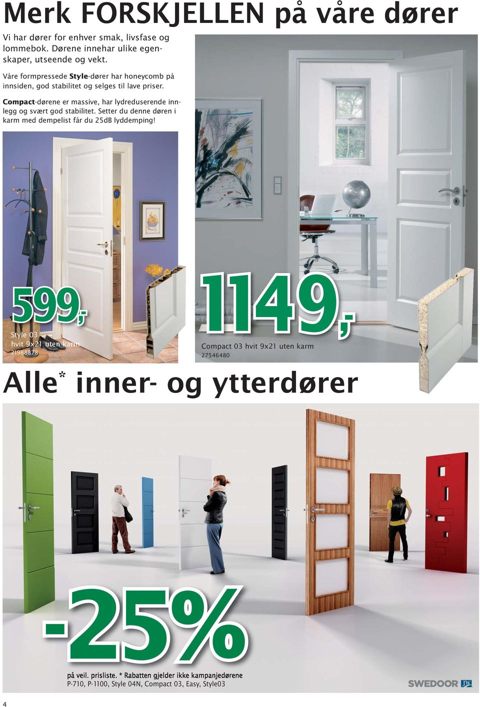 Compact-dørene er massive, har lydreduserende innlegg og svært god stabilitet. Setter du denne døren i karm med dempelist får du 25dB lyddemping!