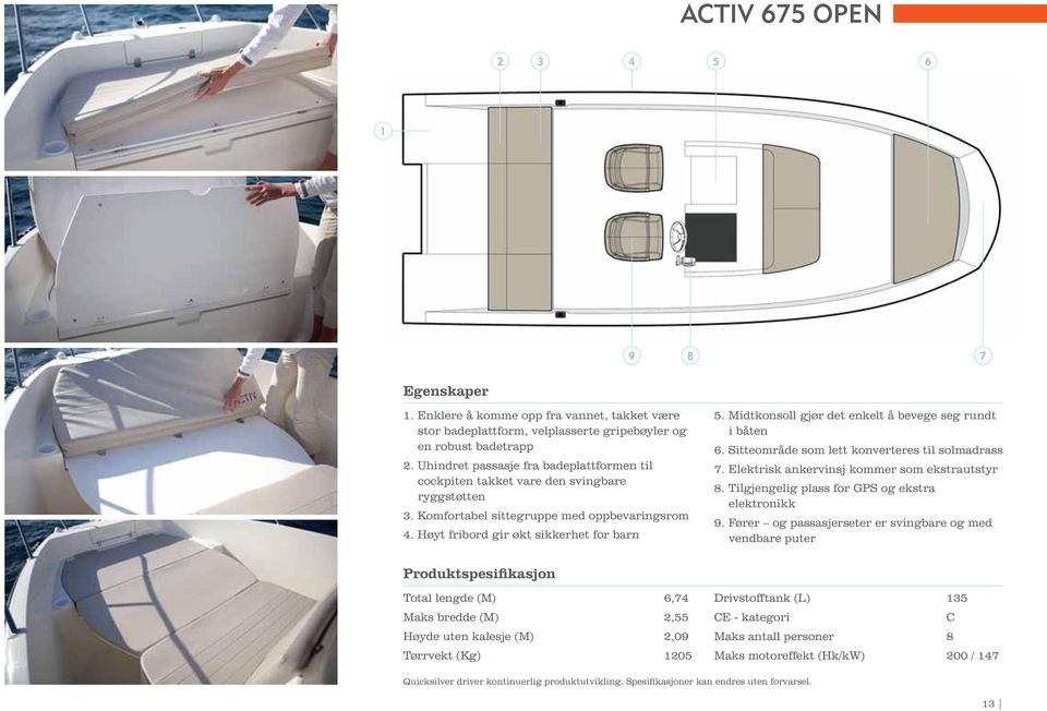 Midtkonsoll gjør det enkelt å bevege seg rundt i båten 6. Sitteområde som lett konverteres til solmadrass 7. Elektrisk ankervinsj kommer som ekstrautstyr 8.