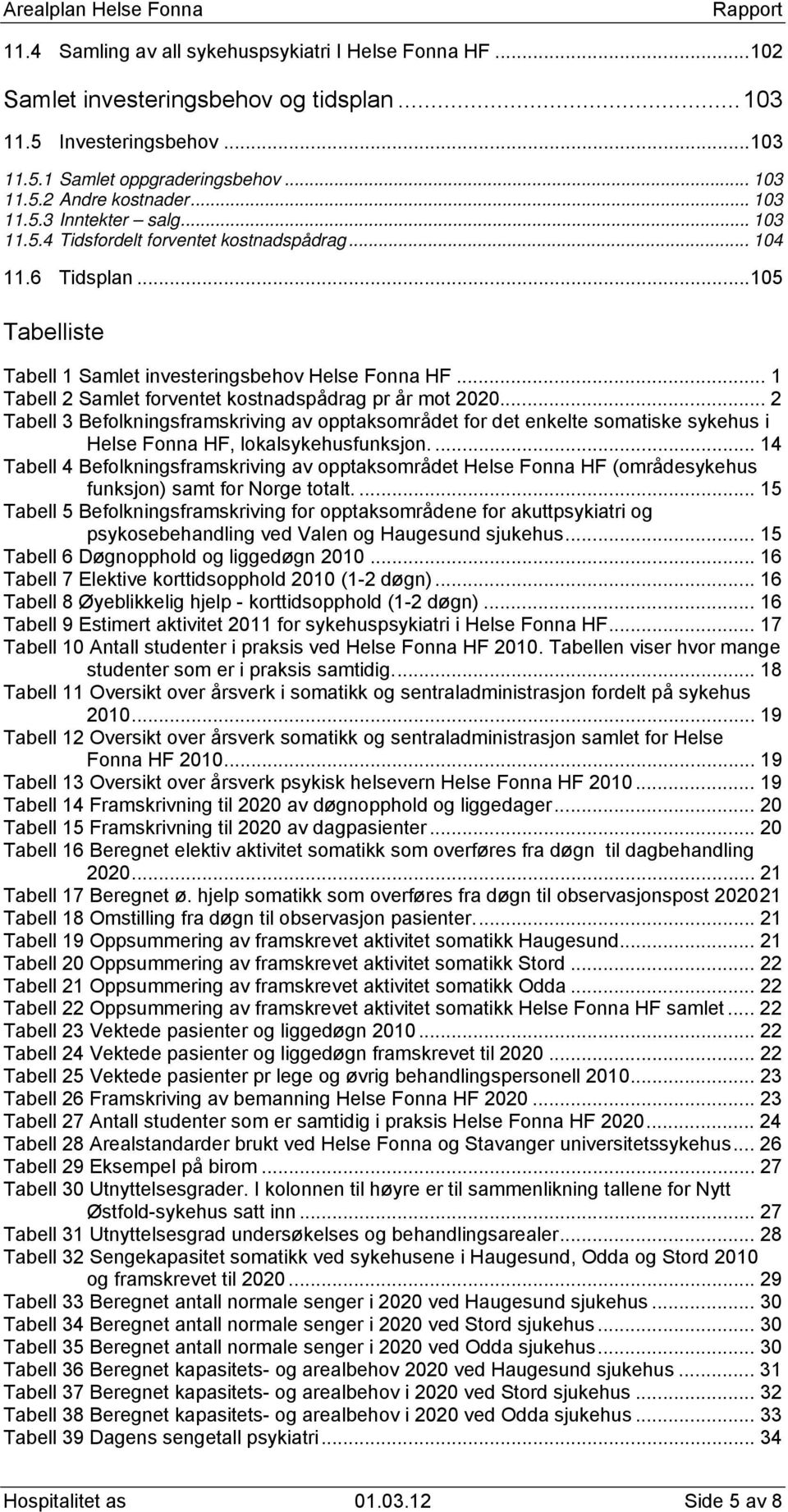 .. 1 Tabell 2 Samlet forventet kostnadspådrag pr år mot 2020... 2 Tabell 3 Befolkningsframskriving av opptaksområdet for det enkelte somatiske sykehus i Helse Fonna HF, lokalsykehusfunksjon.