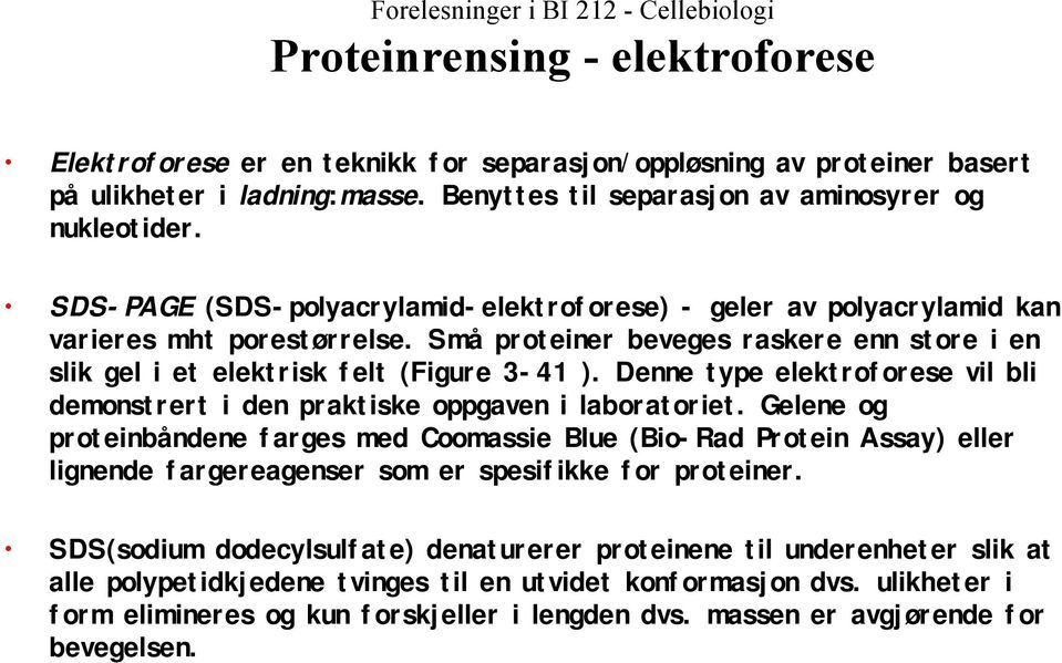 Denne type elektroforese vil bli demonstrert i den praktiske oppgaven i laboratoriet.