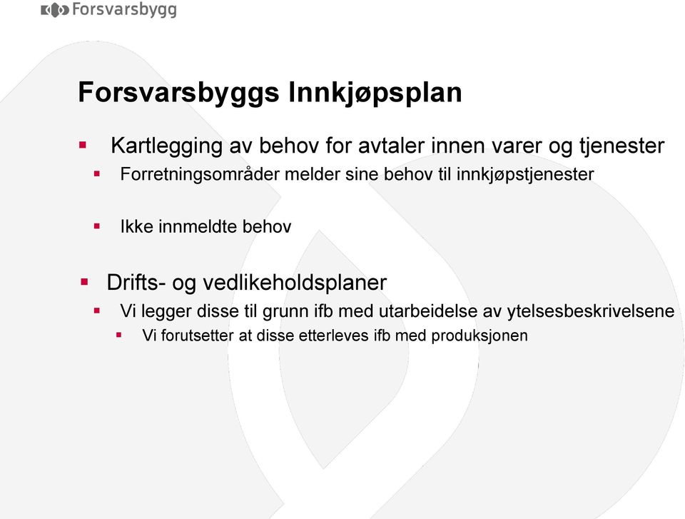 innmeldte behov Drifts- og vedlikeholdsplaner Vi legger disse til grunn ifb med