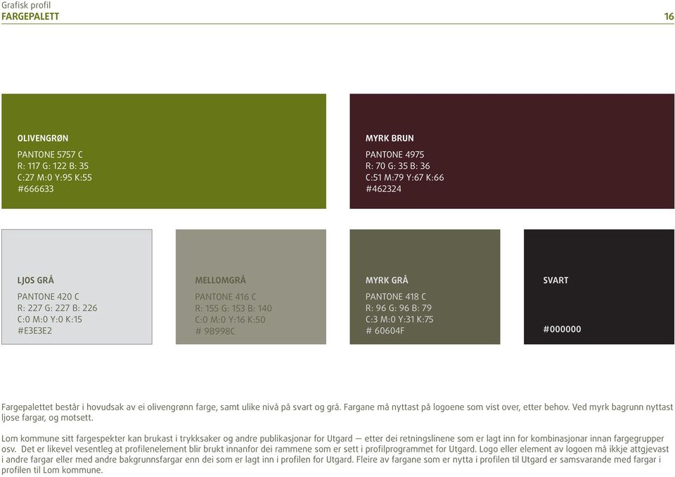 består i hovudsak av ei olivengrønn farge, samt ulike nivå på svart og grå. Fargane må nyttast på logoene som vist over, etter behov. Ved myrk bagrunn nyttast ljose fargar, og motsett.