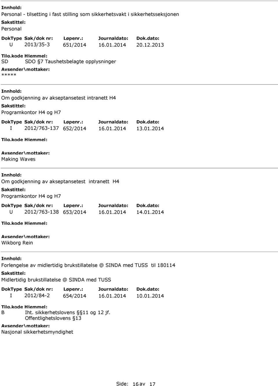 01.2014 Wikborg Rein Forlengelse av midlertidig brukstillatelse @ SNDA med TSS til 180114 Midlertidig brukstillatelse @ SNDA med TSS 2012/84-2 654/2014 10.