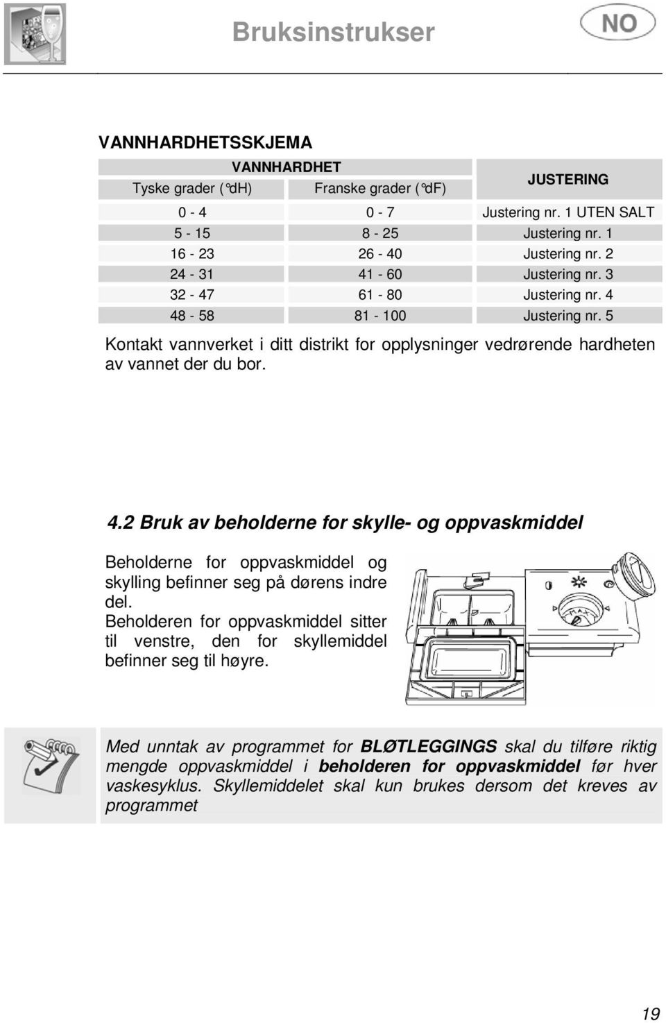 Beholderen for oppvaskmiddel sitter til venstre, den for skyllemiddel befinner seg til høyre.