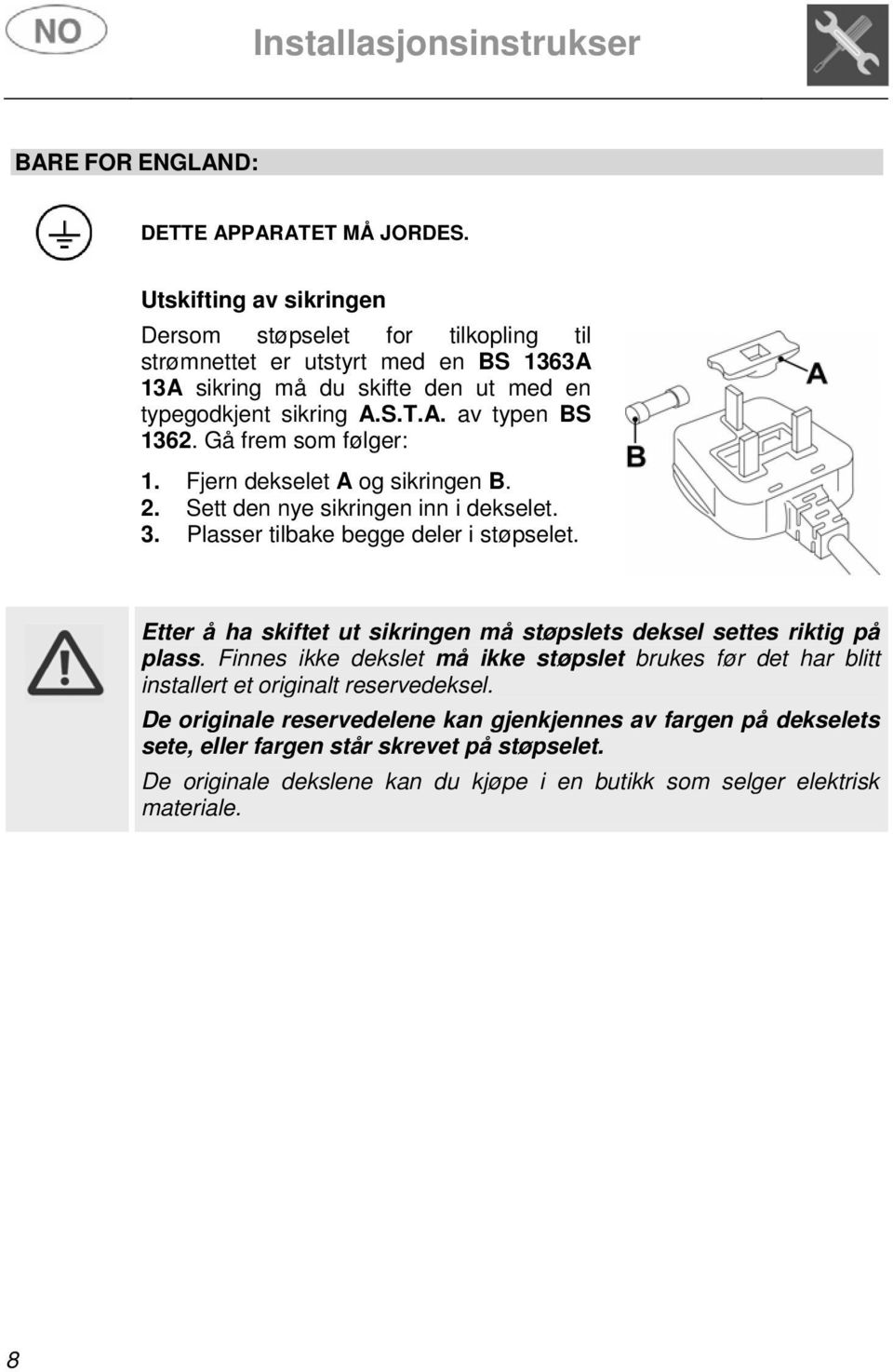 Gå frem som følger: 1. Fjern dekselet A og sikringen B. 2. Sett den nye sikringen inn i dekselet. 3. Plasser tilbake begge deler i støpselet.