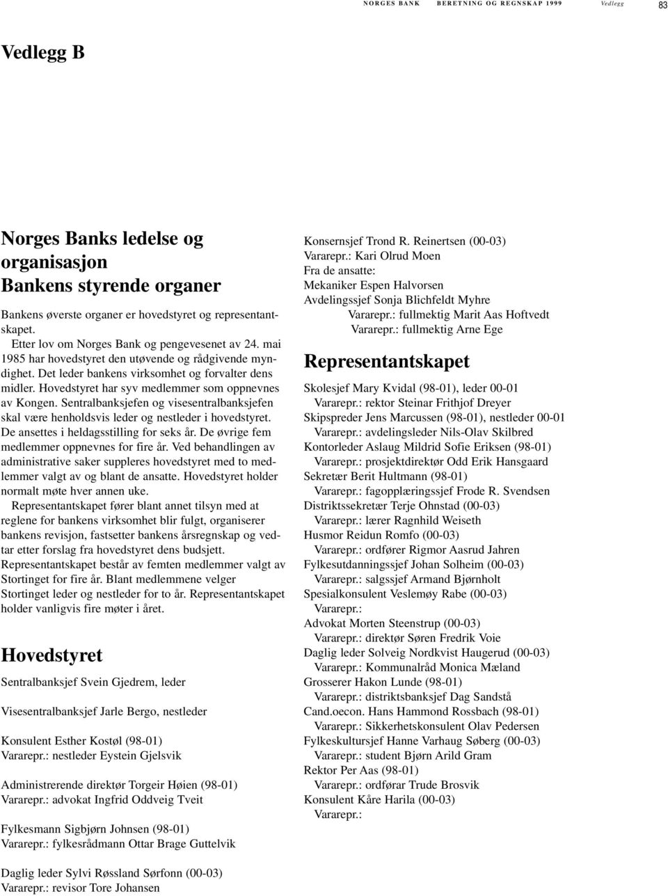 Hovedstyret har syv medlemmer som oppnevnes av Kongen. Sentralbanksjefen og visesentralbanksjefen skal være henholdsvis leder og nestleder i hovedstyret. De ansettes i heldagsstilling for seks år.