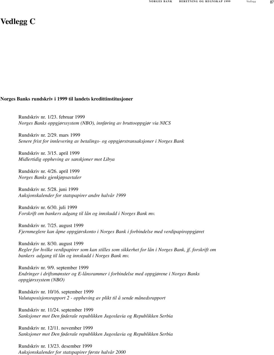 mars 1999 Senere frist for innlevering av betalings- og oppgjørstransaksjoner i Norges Bank Rundskriv nr. 3/15. april 1999 Midlertidig oppheving av sanskjoner mot Libya Rundskriv nr. 4/26.