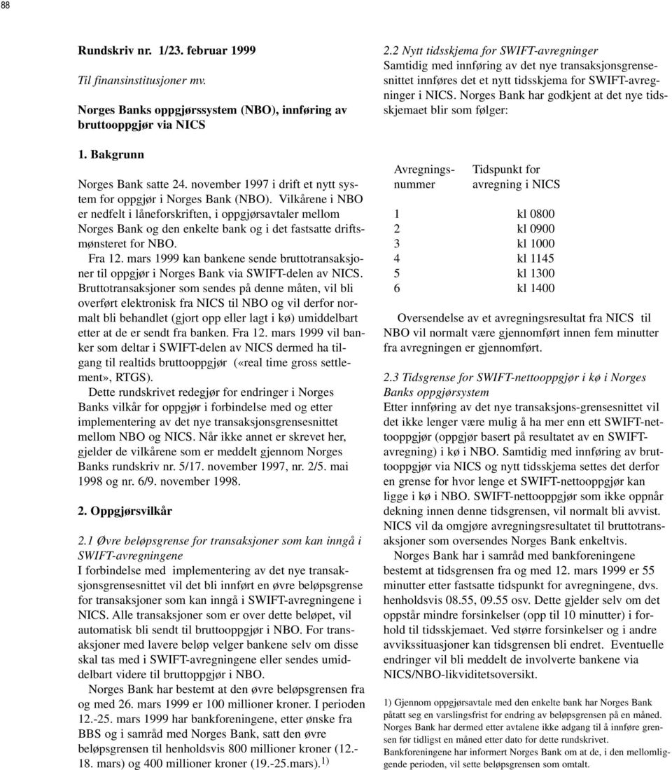 Vilkårene i NBO er nedfelt i låneforskriften, i oppgjørsavtaler mellom Norges Bank og den enkelte bank og i det fastsatte driftsmønsteret for NBO. Fra 12.