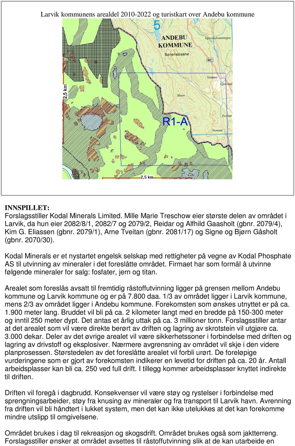 2081/17) og Signe og Bjørn Gåsholt (gbnr. 2070/30). Kodal Minerals er et nystartet engelsk selskap med rettigheter på vegne av Kodal Phosphate AS til utvinning av mineraler i det foreslåtte området.