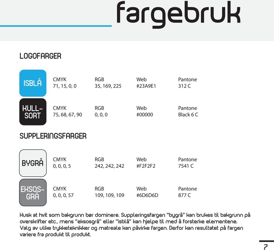 C Husk at hvit som bakgrunn bør dominere. Suppleringsfargen bygrå kan brukes til bakgrunn på overskrifter etc.