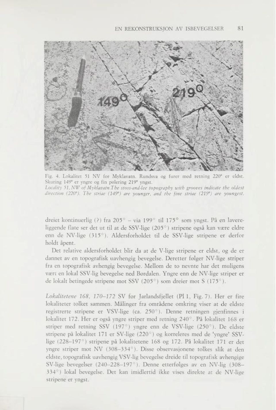 ) fra 205 - via 199 til 175 som yngst. På en lavere liggende flate ser det ut til at de SSV-lige (205 ) stripene også kan være eldre enn de NV-lige (315 ).