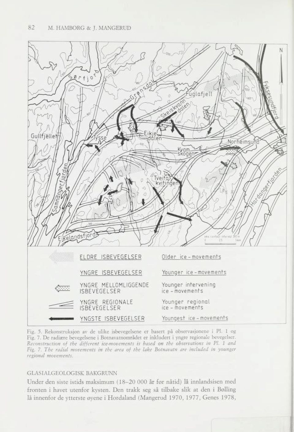 Rekonstruksjon av de ulike isbevegelsene er basert på observasjonene i Pl. 1 og Fig. 7. De radiære bevegelsene i Botnavatnområdet er inkludert i yngre regionale bevegelser.