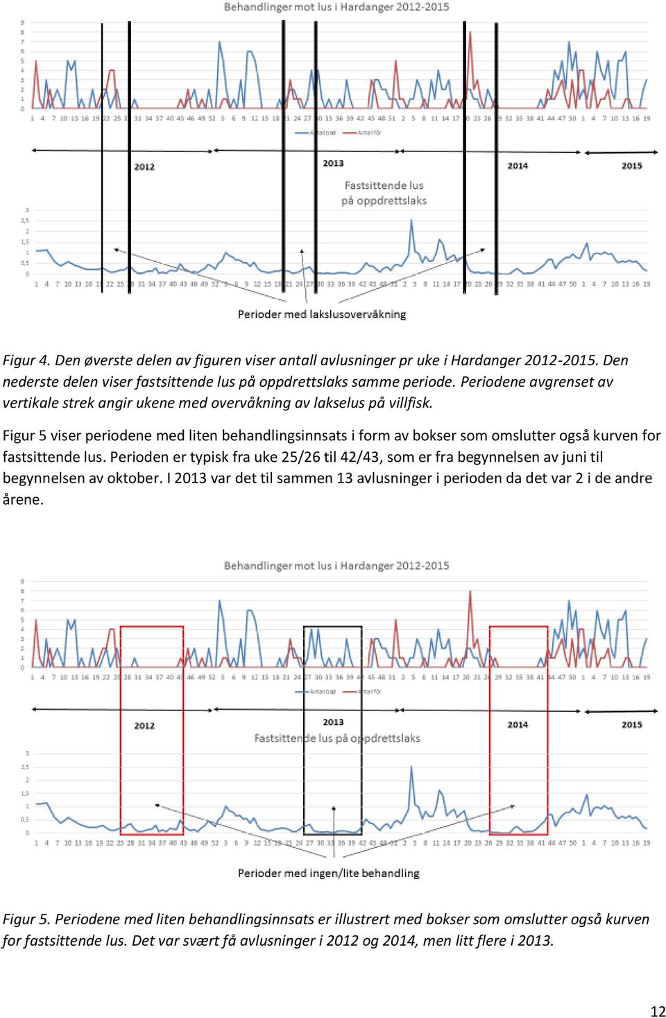 Figur 5 viser periodene med liten behandlingsinnsats i form av bokser som omslutter også kurven for fastsittende lus.