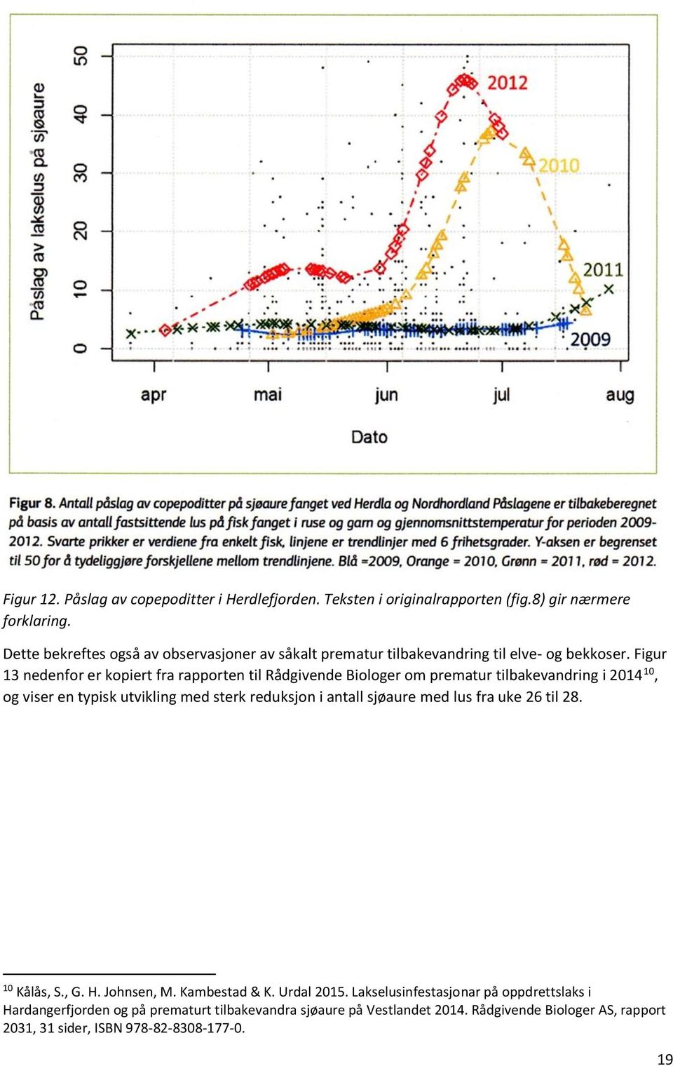 Figur 13 nedenfor er kopiert fra rapporten til Rådgivende Biologer om prematur tilbakevandring i 2014 10, og viser en typisk utvikling med sterk reduksjon i antall